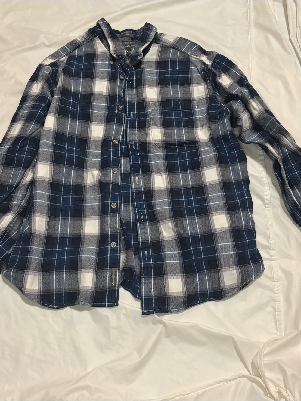 Eddie Bauer Navy and White Plaid Button-Down Shirt